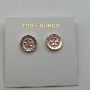 Tory Burch Pink Round Gold Logo Stud Earrings